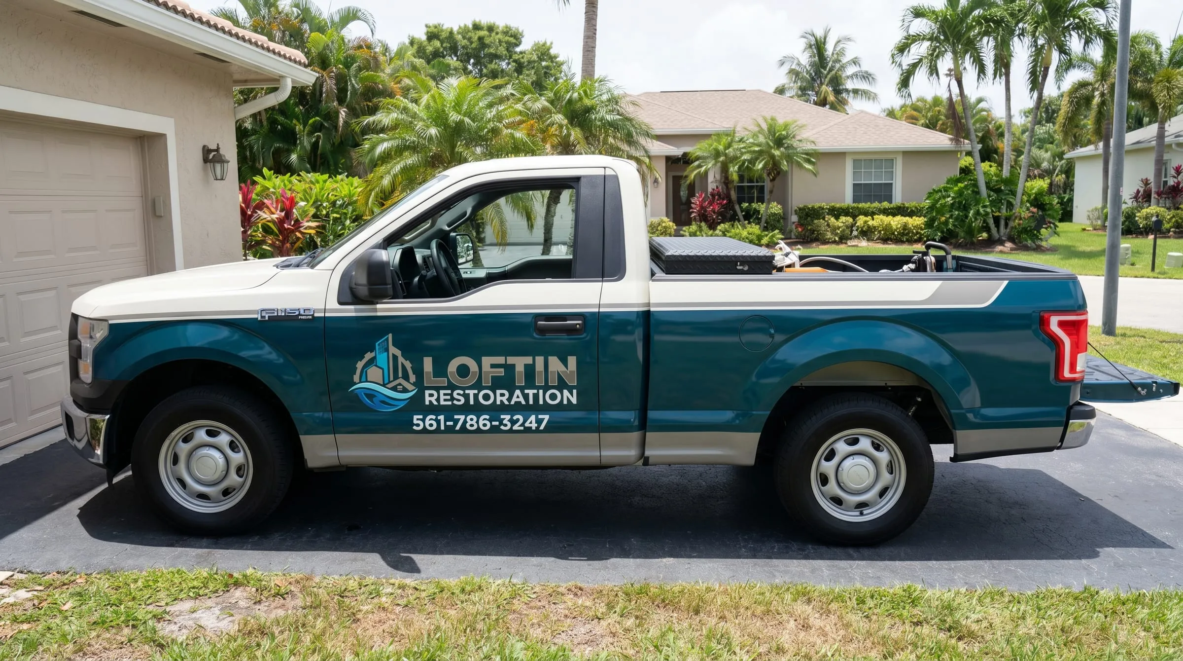 Loftin Restoration company truck parked at a West Palm Beach, Florida home