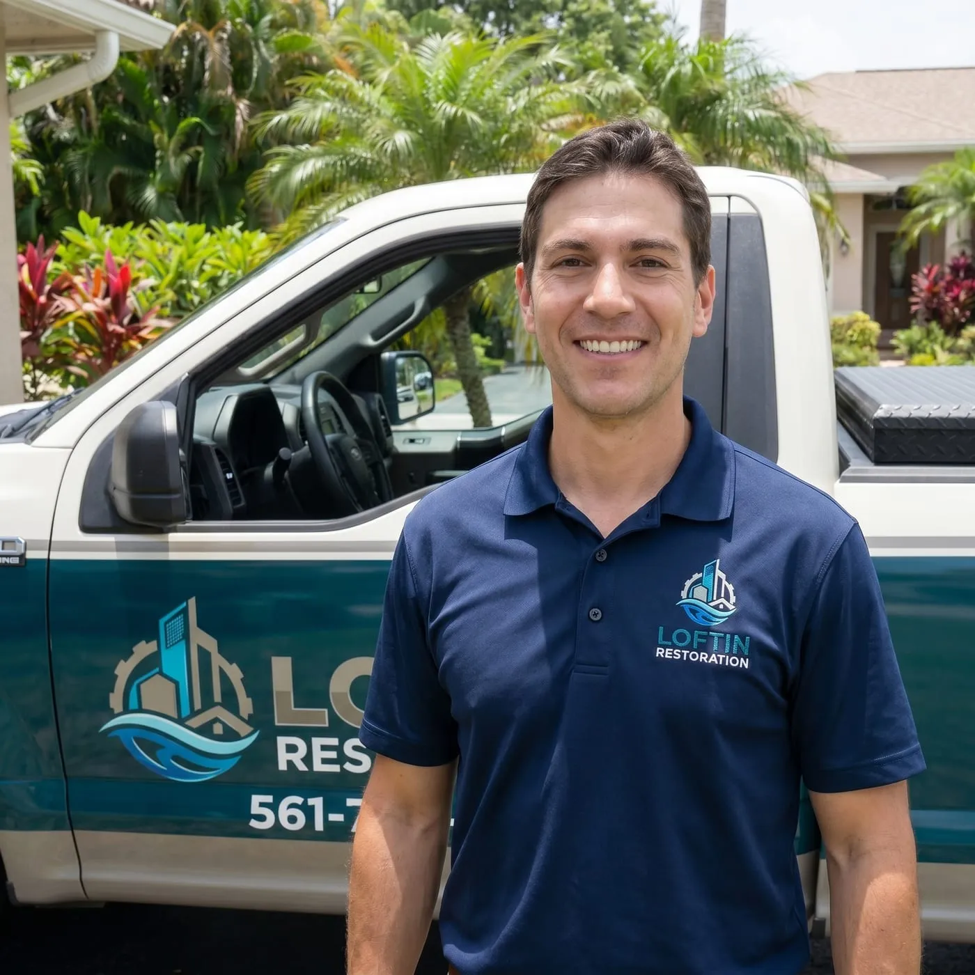 Lewis Thomas, manager of Loftin Restoration, standing in front of the company truck